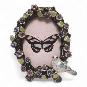 Vintage Enameled & Jeweled Picture Frame, 4"H, Flowers & Blue Bird – Butterfly